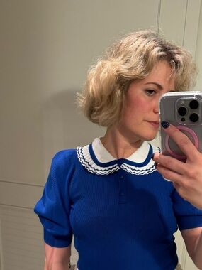 Blue Knit Top with White Scalloped Peter Pan Collar